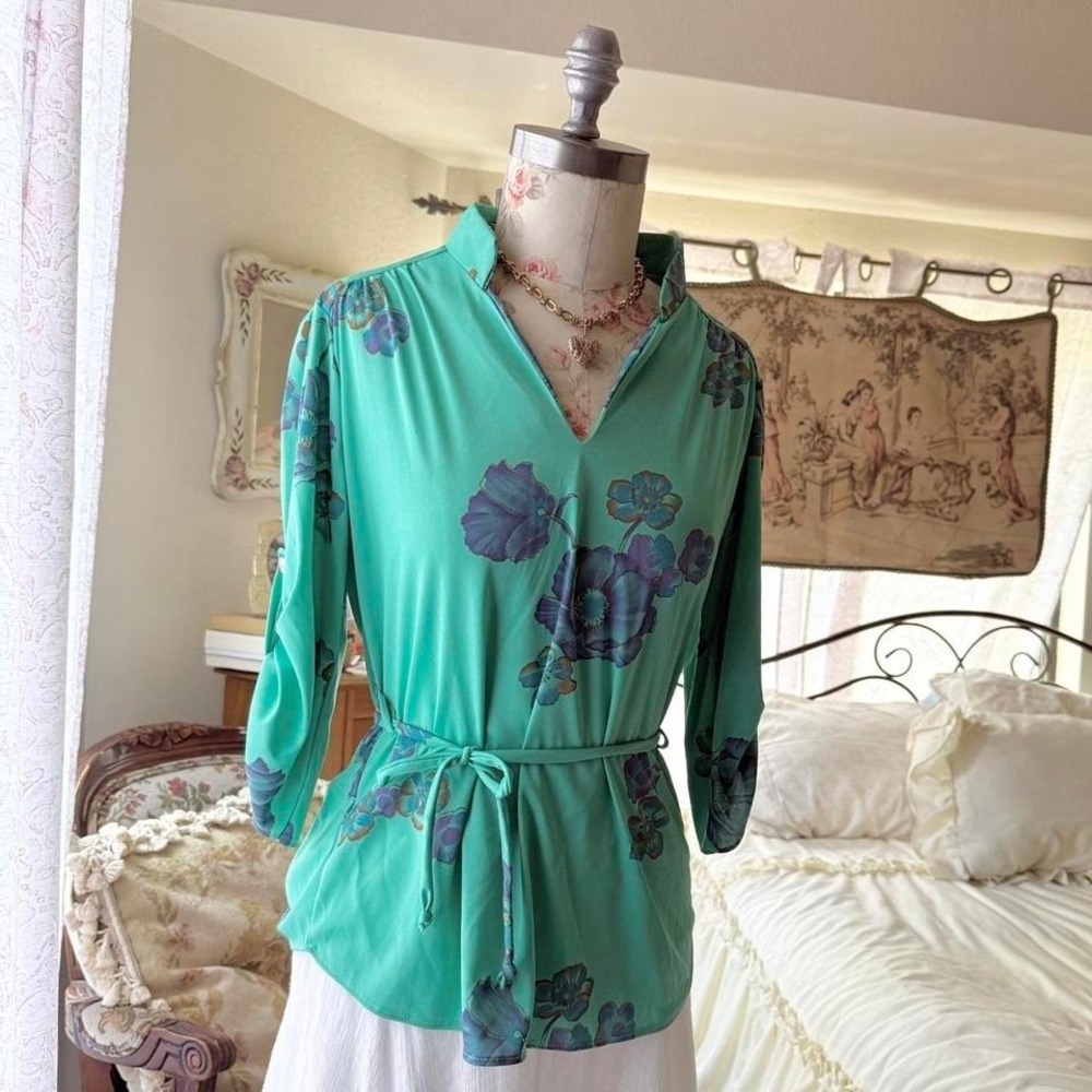 blue‎ floral 70s blouse womens small